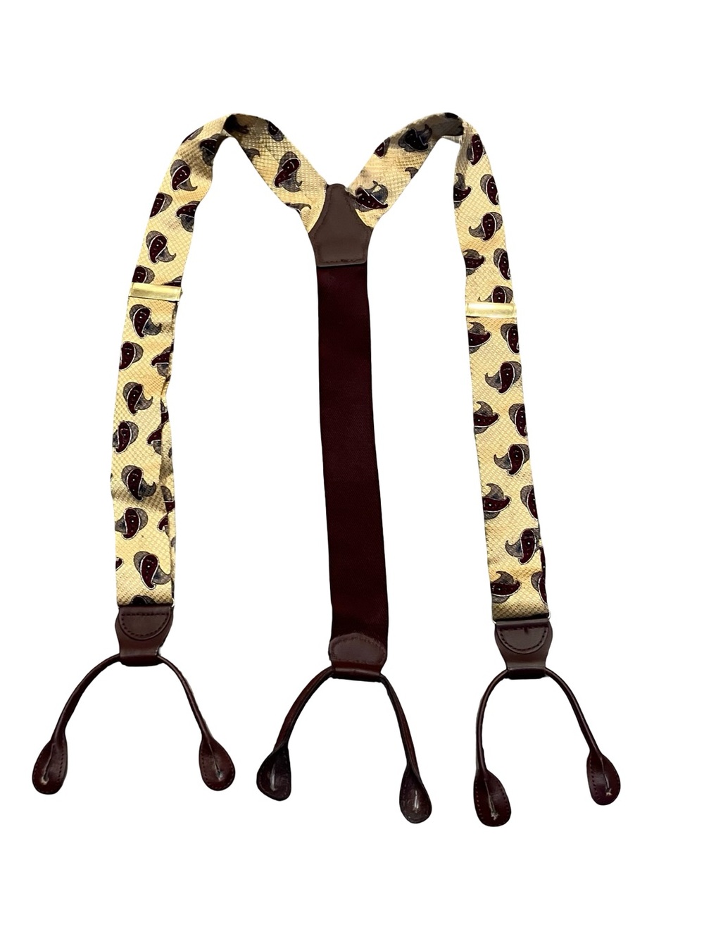 Vintage Silk Y-Back Button Suspenders Paisley Yellow Maroon Leather Braces READ